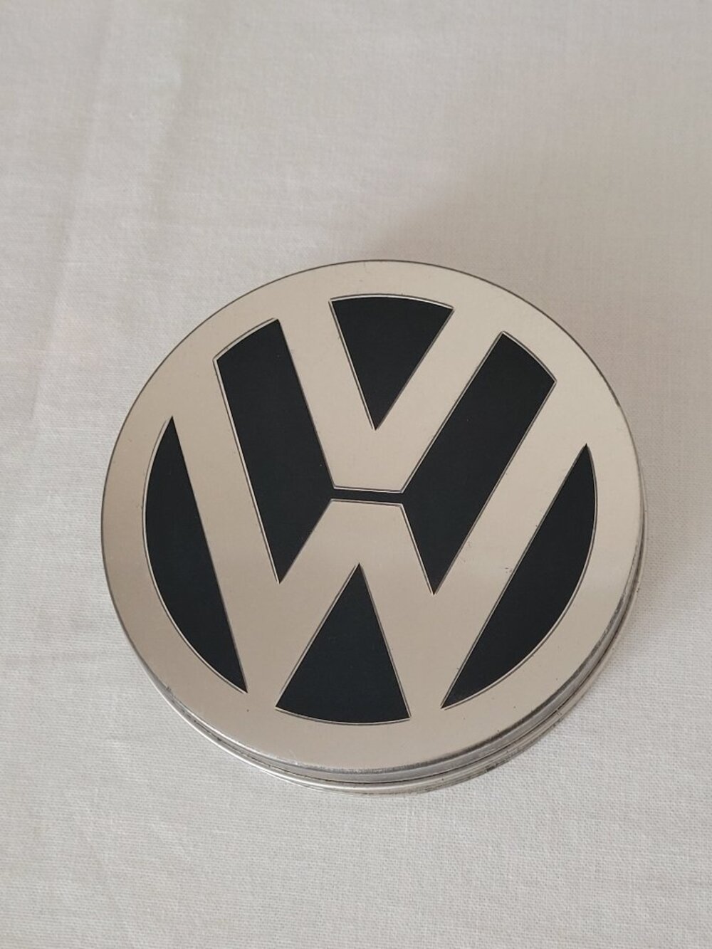 VW Volkswagen Tin Metal Rounf Container Silver & Black
